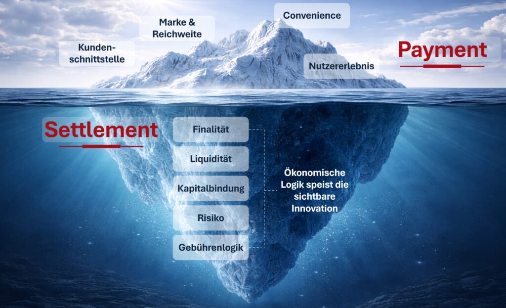 Unterscheidung zwischen Payment und Settlement mittels Eisberg-Metapher